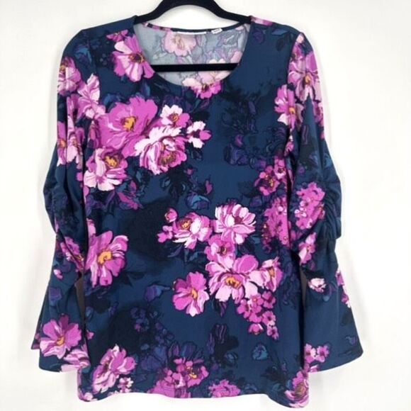 Susan Graver Floral Stretch Knit Bell Sleeve Blouse Small Dark Romantic Floral - Picture 1 of 6